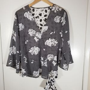 Spense Mixed Print V Neck Wrap Style Blouse Size L